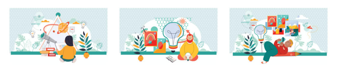 Fototapeta premium Online art class. E-learning, distance education. Tutorials and web courses. Little boy with phone, teacher and creative idea icons with pencils and pictures. Drawing lessons banner, art master class