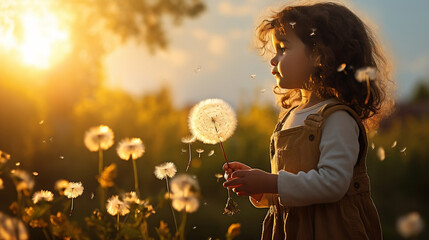 A girl toddler carrying a dandelion blowball in a field with dandelions and flowers sunset shot spring season 