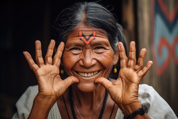 portrait of an indigenous woman showing you a heart sign and smiling