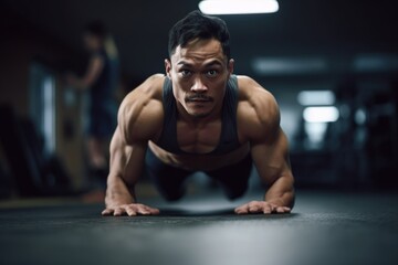 shot of a man doing push ups during a workout at the gym
