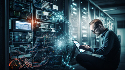 computer hacker working in a dark room
