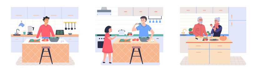 People cooking vegetarian food. Vector illustration. Smiling people cooking on home interior kitchen table. Characters cooking fresh salad and other healthy meals from fresh vegetables