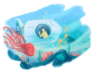 Submarine Expedition Deep in Ocean Watercolor Illustration