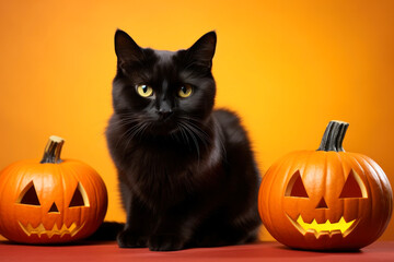 Black Cat and Two Halloween Pumpkins on Orange Background