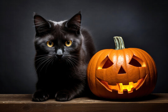 Black Cat and Halloween Pumpkin on Black Background