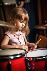Fototapeta na wymiar shot of a young girl playing the drums during a music lesson