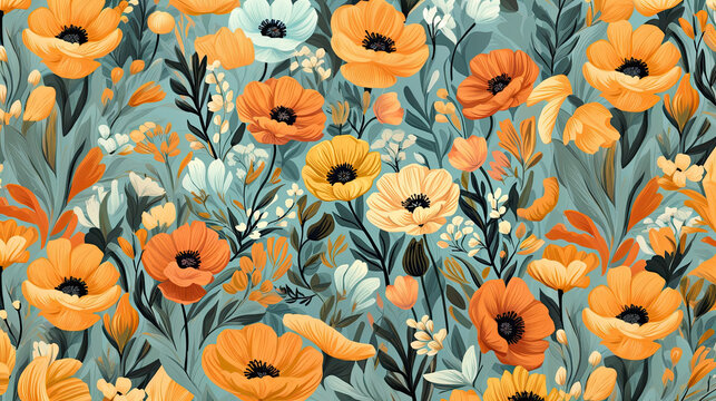 Abstract hand drawn flower art seamless pattern illustration. Acrylic paint nature floral background in vintage art style. Spring season painting print