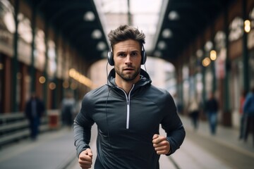 Naklejka premium Portrait handsome attractive concentrated confident young athlete runner man male listening music headphones. Motivation focus rhythm sport person sportsman fitness jogging health lifestyle crosswalk