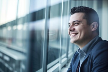 closeup of happy office worker in modern glass building