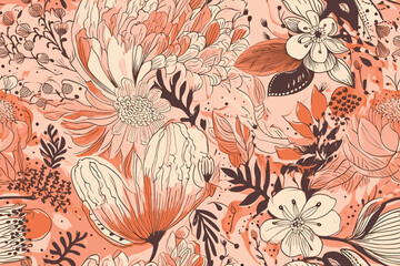 Abstract floral seamless pattern painted with paints lovely peonies with foliage. Superior texture print for surfaces, textiles and design.Vector Art Illustration.