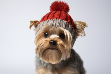 Medium shot portrait photography of a funny yorkshire terrier wearing a knit cap against a white background. With generative AI technology