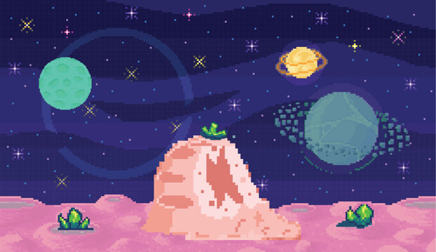 Space exploration illustration, fantasy alien landscape. Cartoon pixel art background. Horizontal cosmic banner. Another planet concept. Universe of spherical star objects. Pixelated location for game