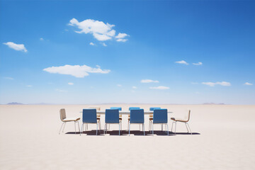 luxury minimalist long meeting table and chairs in the desert field, blue bright sky, create using generative ai