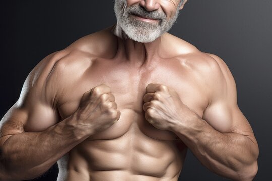 cropped image of a mature man lifting his shirt to show muscle