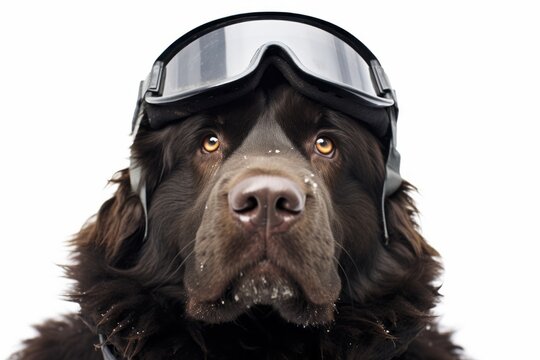 Close-up portrait photography of a funny newfoundland dog wearing a ski suit against a white background. With generative AI technology