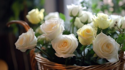 Bouquet of white roses in a wicker basket on the windowsill. Mother's day concept with a space for a text. Valentine day concept with a copy space.