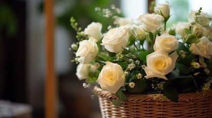 Bouquet of white roses in a wicker basket on the table. Mother's day concept with a space for a text. Valentine day concept with a copy space.