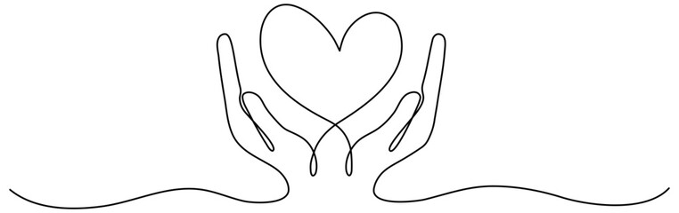 Hands holding heart continuous one line drawing. Charity donation linear symbol. Love support concept. Vector illustration isolated on white.
