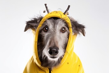 Medium shot portrait photography of a funny scottish deerhound wearing a bee costume against a white background. With generative AI technology