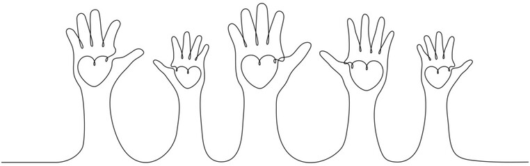 Obraz premium Continuous one line drawing family hands hold hearts. Mother, father and child. Parents and children love concept. Volunteers group. Vector isolated on white.