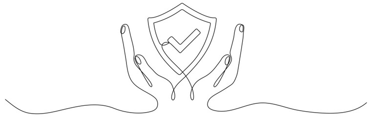 Hands holding shield badge continuous line drawing. Approval check guard symbol. Vector illustration isolated on white.	