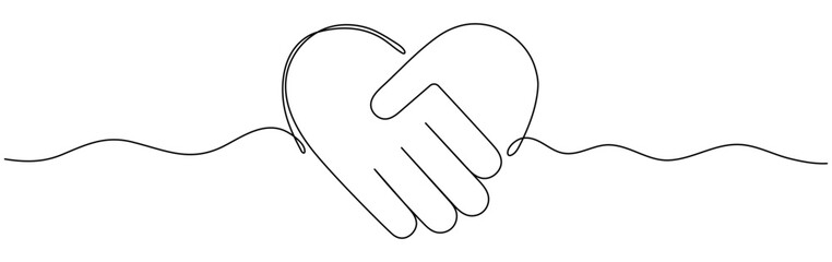 Handshake in heart shape continuous line drawing. Love shaking hands. Business deal linear symbol. Vector illustration isolated on white.