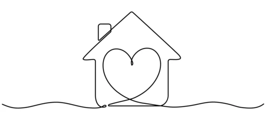 Papier Peint photo Une ligne Heart inside house continuous one line drawn. Love home concept. Vector illustration isolated on white.