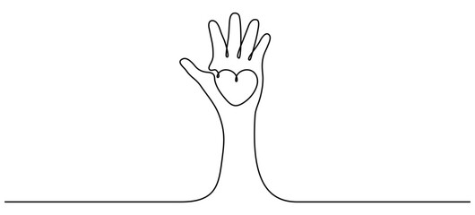 Continuous line drawing hand with heart. Volunteer linear symbol. Raised hand. Vector illustration isolated on white.