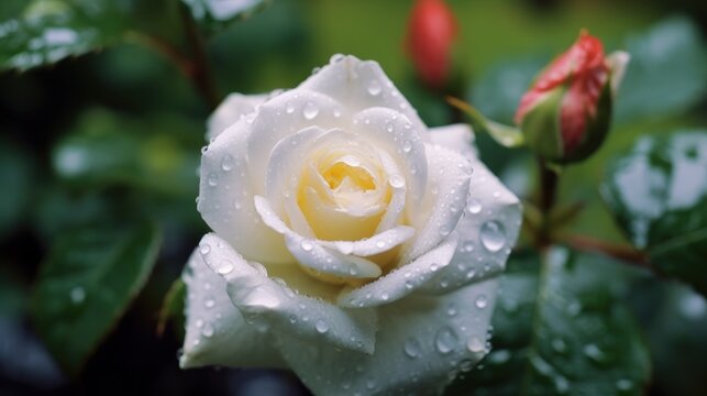 Beautiful white rose with water droplets on the petals. Mother's day concept with a space for a text. Valentine day concept with a copy space.