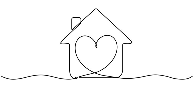 Heart inside house continuous one line drawn. Love home concept. Vector illustration isolated on white.