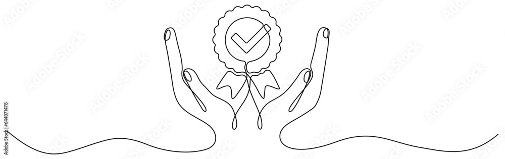 Poster hands hold award checkmark badge continuous line drawn. approval check linear sign. vector illustrat