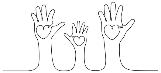 Continuous one line drawing family hands hold hearts. Mother, father and child. Parents and children love concept. Volunteers group. Vector isolated on white.