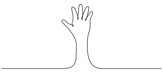 Continuous line drawing hand up. Raised hand linear symbol. Vector illustration isolated on white.
