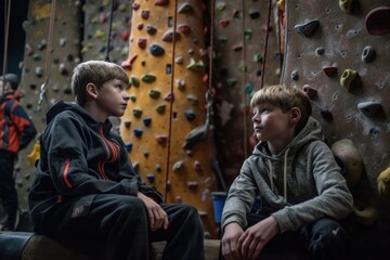 two friends waiting for their climb in the rock climbing gym