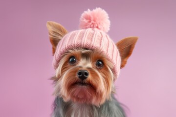 Lifestyle portrait photography of a smiling yorkshire terrier wearing a knit cap against a pastel or soft colors background. With generative AI technology