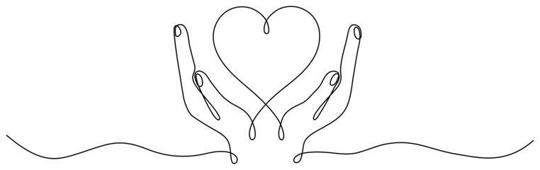 Hands holding heart continuous one line drawing. Charity donation linear symbol. Love support concept. Vector illustration isolated on white.