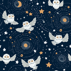 Vector seamless patter, Birds of Prey Wallpaper, Owls flying in the night sky, gold moon, blue and yellow stars. Milky way made by light gray stars. childish design, scandinavian style