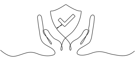 Hands holding shield badge continuous line drawing. Approval check guard symbol. Vector illustration isolated on white.	