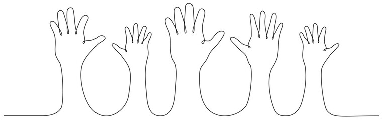 Hands raised up continuous line art drawn. Vector illustration isolated on white.