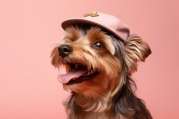 Medium shot portrait photography of a happy yorkshire terrier wearing a visor against a pastel or soft colors background. With generative AI technology