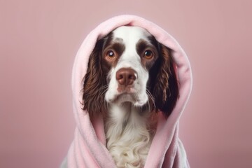 Medium shot portrait photography of a happy english springer spaniel wearing a plush robe against a pastel or soft colors background. With generative AI technology