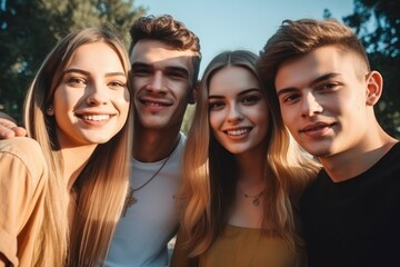 high angle portrait of a group of friends posing together while standing in line at the park