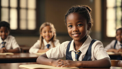 Bellissima bambina afro americana durante una lezione in classe alla scuola elementare