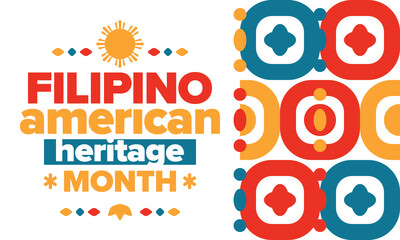 Filipino American History Month. Happy holiday celebrate annual in October. Filipinos and United States flag. Culture month. Patriotic design. Poster, card, banner, template. Vector illustration