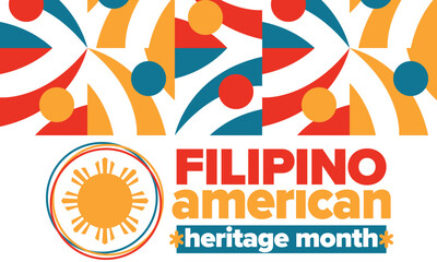Obraz premium Filipino American History Month. Happy holiday celebrate annual in October. Filipinos and United States flag. Culture month. Patriotic design. Poster, card, banner, template. Vector illustration