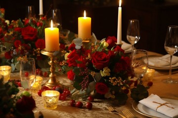 Festive table arrangements for a delightful Christmas dinner. Generative AI
