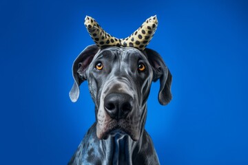 Medium shot portrait photography of a cute great dane wearing a dinosaur costume against a royal blue background. With generative AI technology