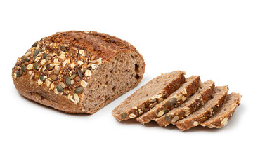 Sourdough loaf of bread and slices with a variation of seeds close up isolated on white background
