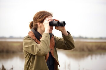 shot of a young woman using binoculars while working at a wetlands restoration site