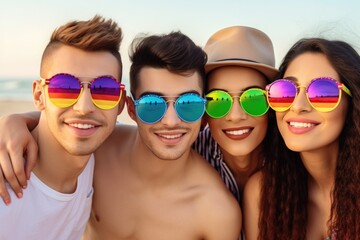 shot of a group of friends wearing rainbow glasses during a vacation on the beach